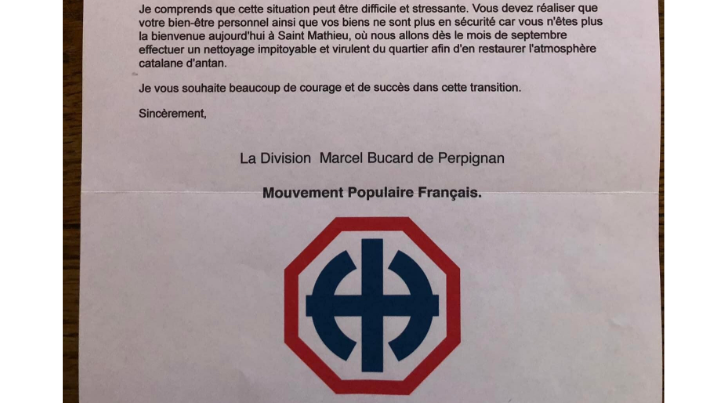 Amenacen per carta una dona negra, per fer la marxar del barri de Sant Mateu, amb l'argument de "retrobar l'ambient català d'aquest barri de Perpinyà"